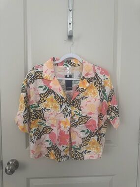 LEONISA Pink & Yellow Floral Button-Up Blouse